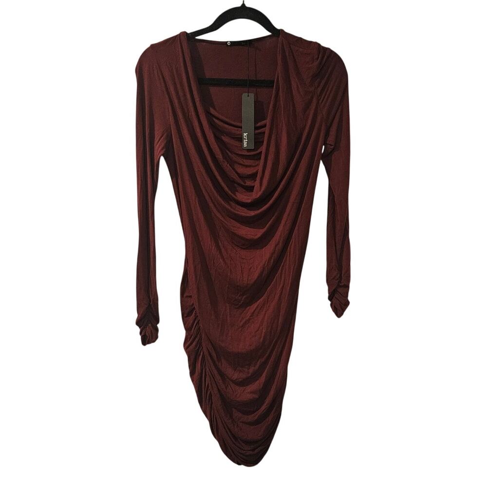 Krisa KD-1090 Ruched Mini Dress XS Burgundy LS NWT Revolve Draped Bodycon‎